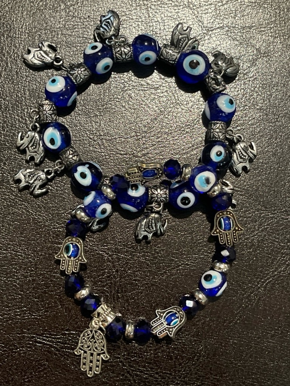 2 pieces Blue Evil Eye Charm Bracelet Set with Hamsa and Elephant Accents